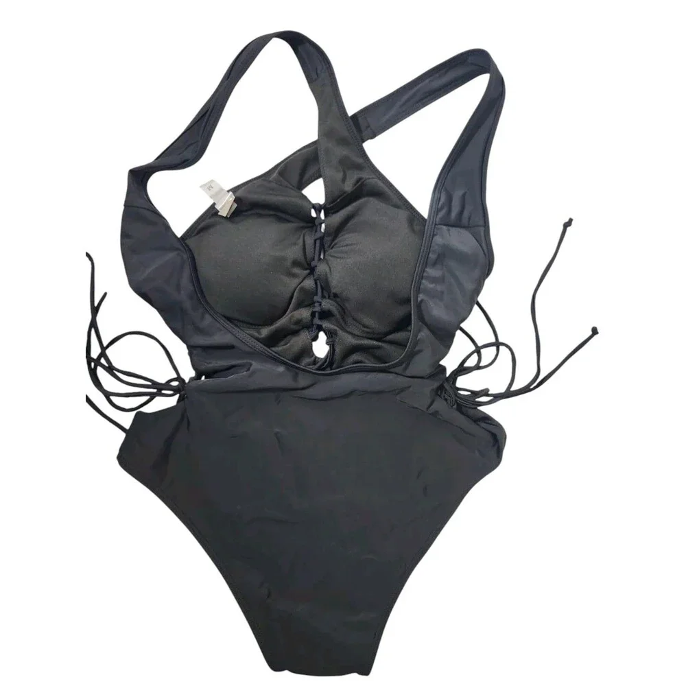 Womens Swimsuit 1 Pc. Medium Black Lace Up Sides And Front Padded  Beachwear